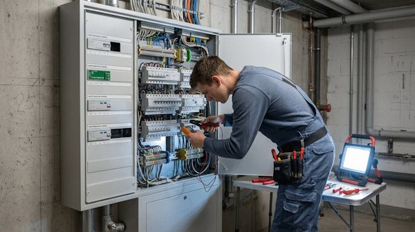 Elektriker arbeitet mit Schraubendreher an der Verkabelung in einem geöffneten Schaltschrank