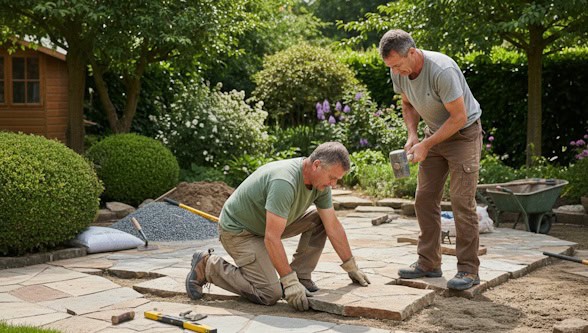 Zwei Garten- und Landschaftsbauer verlegen Natursteinplatten für eine Terrasse