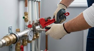 Heizung und Sanitär Installateur bei der Montage einer Heizungsanlage