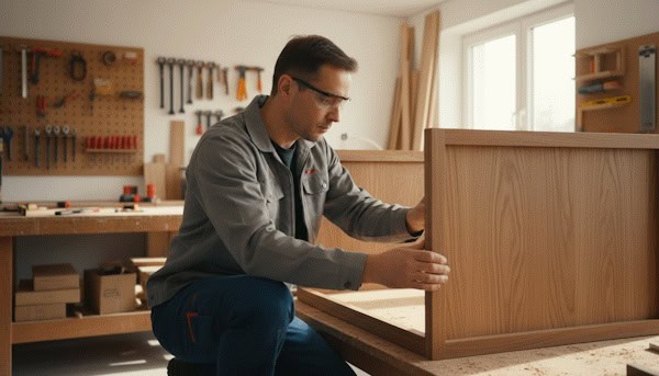Schreiner richtet einen Holzschrankkorpus auf einer Werkbank aus